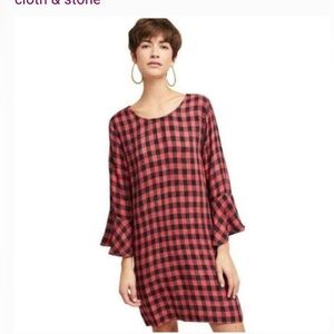 Cloth & Stone Red and Black Checkered Mini Party Dress ruffled sleeve Size Small